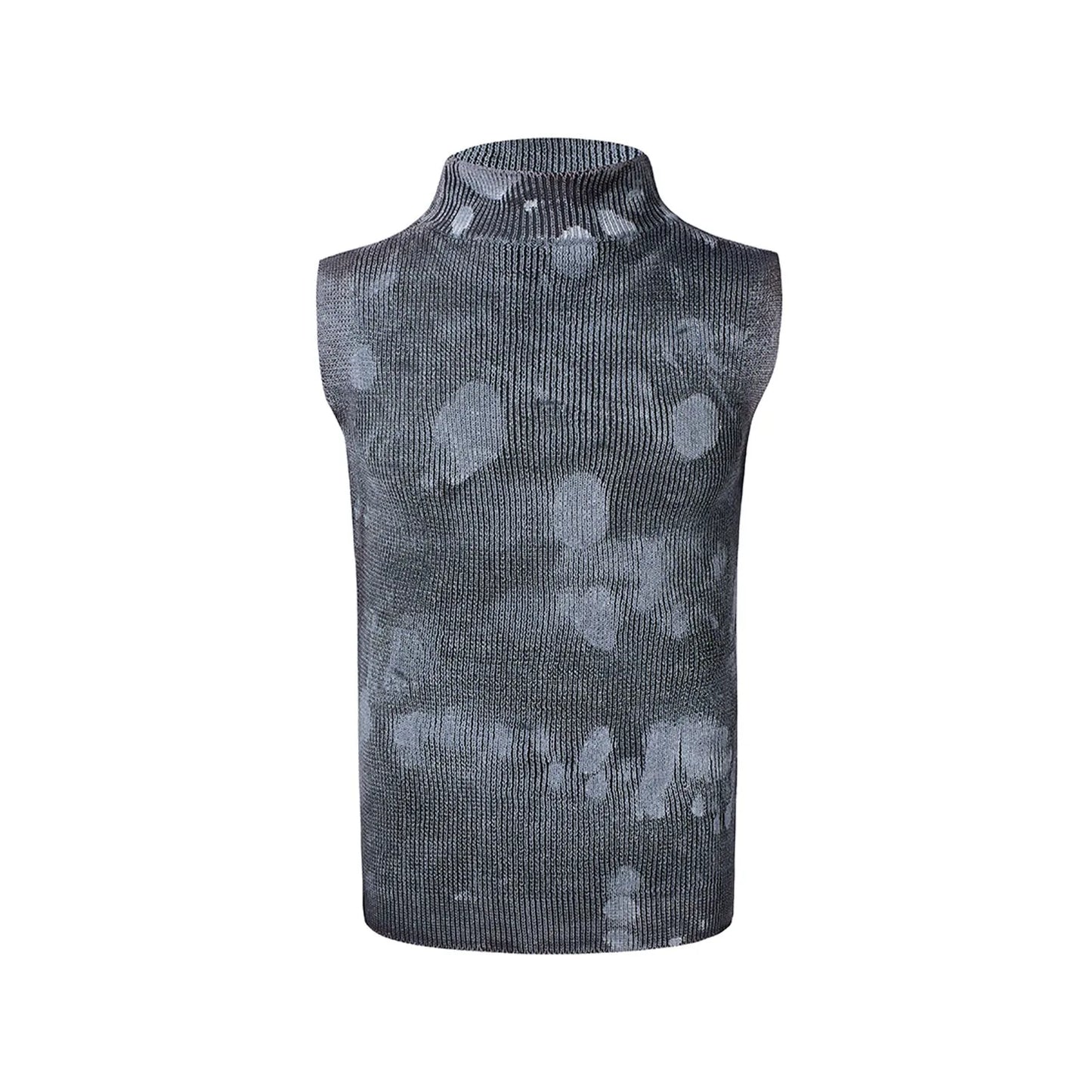 Men's black silver pastebrushing sleeveless wool blend vest with a turtleneck stand collar