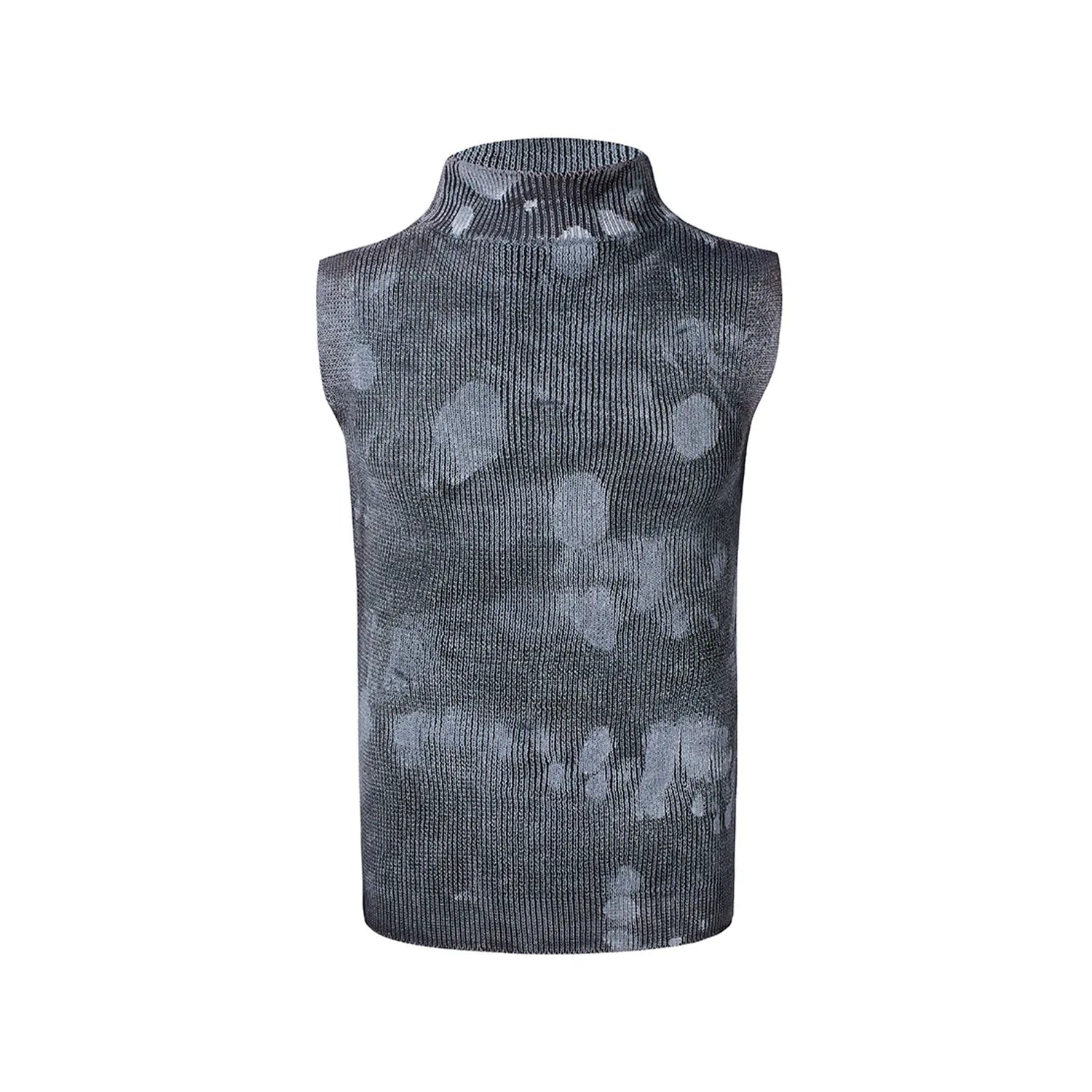 Men's black silver pastebrushing sleeveless wool blend vest with a turtleneck stand collar