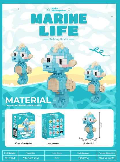 Marine small creature building blocks set showing 12 different sea animal models in colour box packaging