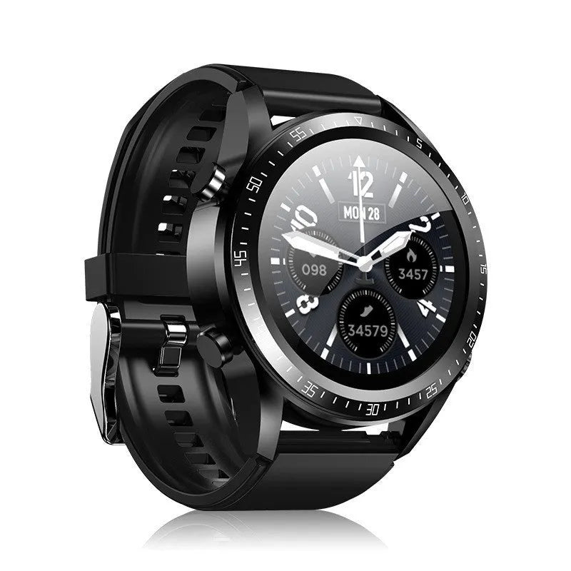 Black smart watch with silicone strap displaying health metrics on its screen, next to included TWS earphones.