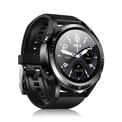 Black smart watch with silicone strap displaying health metrics on its screen, next to included TWS earphones.