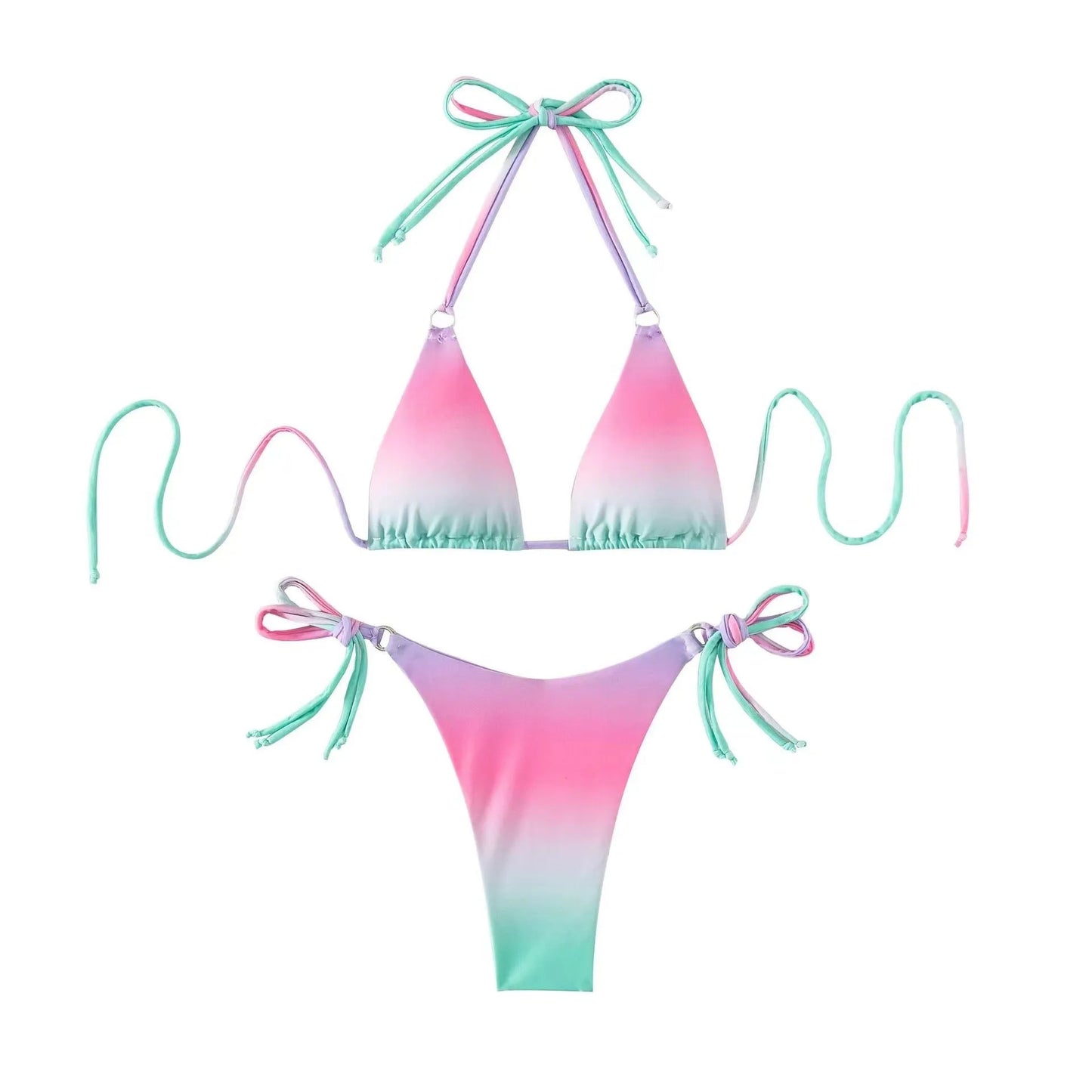 Women's two-piece gradient colour bikini swimwear set on a hanger.