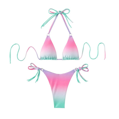 Women's two-piece gradient colour bikini swimwear set on a hanger.