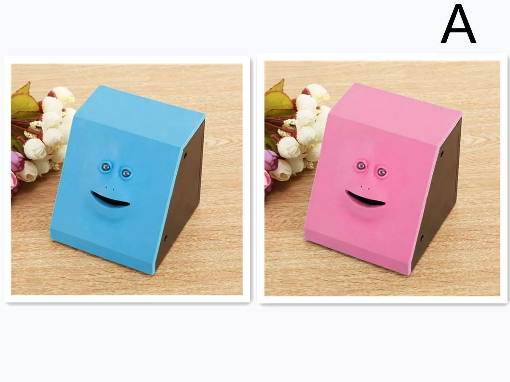 Face Intelligent Induction Electric Piggy Bank with realistic money-eating action in brick blue, pink, or red