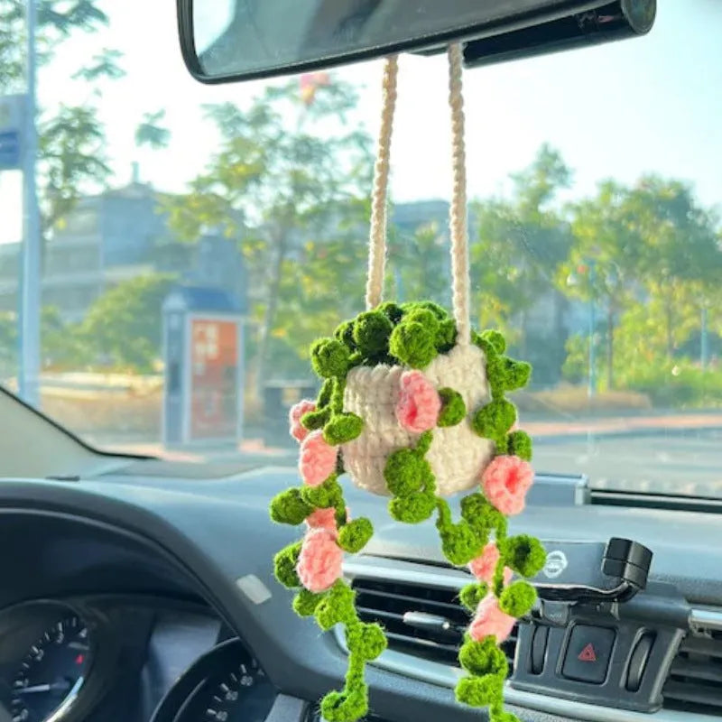 Green and white knitting wool car plant decoration with 8cm base and 25cm hanging rope