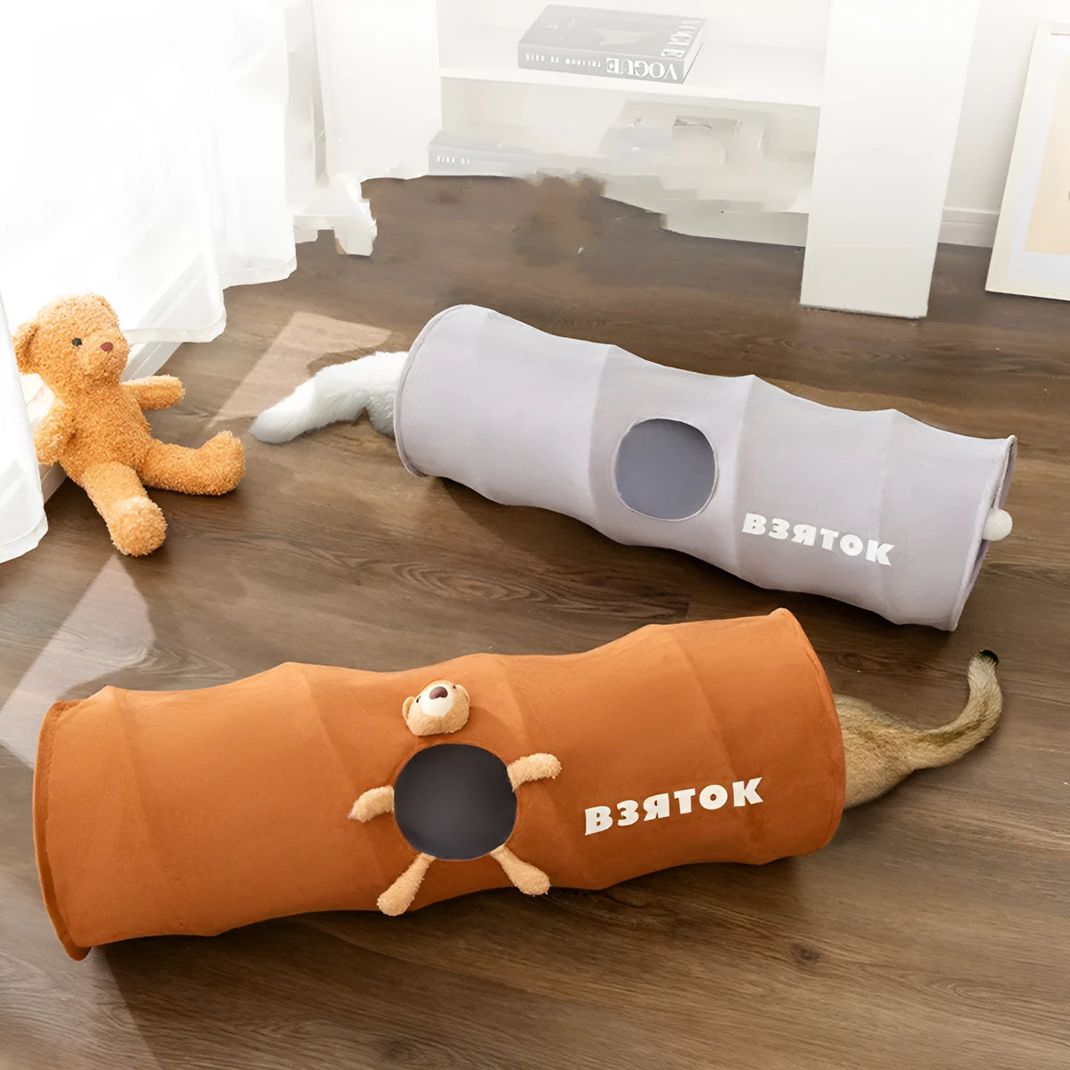 Foldable straight cat tunnel toy in polyester taffeta, brown bear or grey, 0.8m or 1.2m