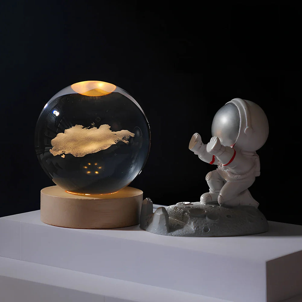 Cosmos Series 8cm crystal ball night light on wooden base with astronaut pusher projecting Milky Way pattern