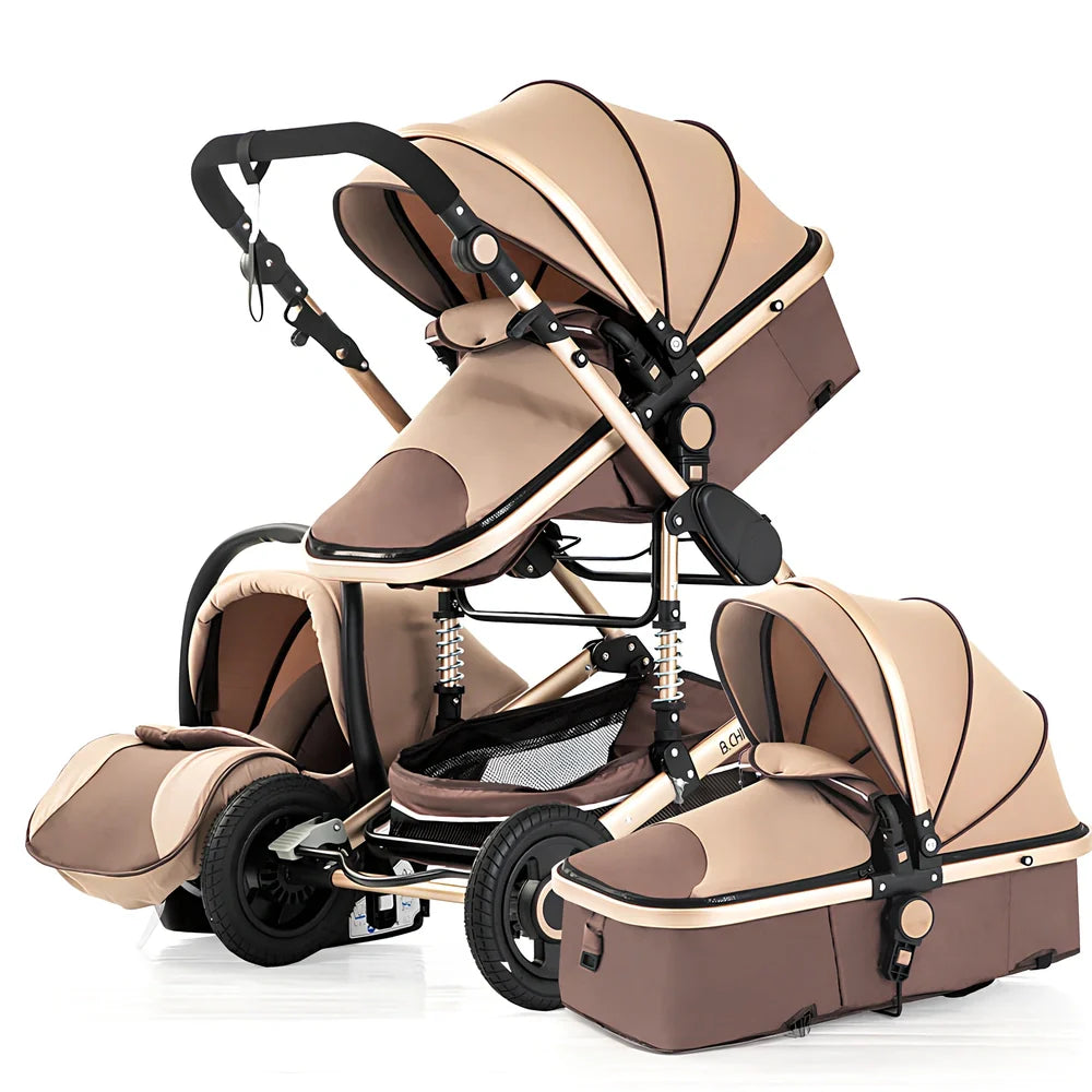 Aluminium frame baby stroller with large canopy and four EVA wheels in dusty pink colour