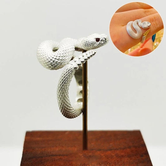 Adjustable snake ring with unique rattlesnake design in various color options, including white and black with open or shut mouth styles, and gold accents