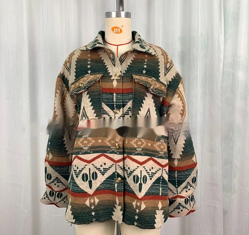 Retro style woolen coat with Aztec print in sapphire blue, loose fit, long sleeves for women