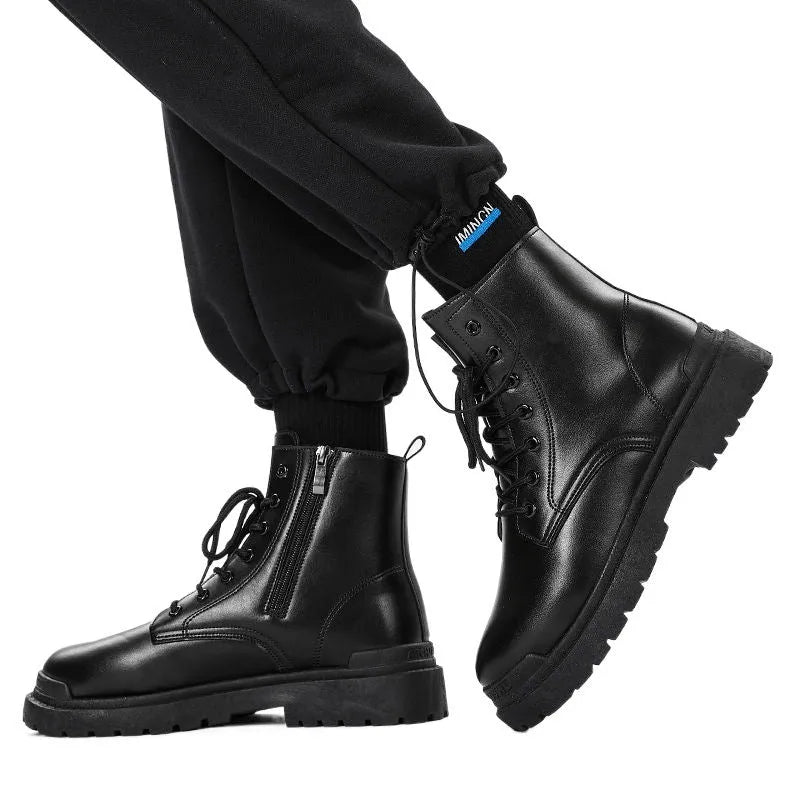 Men's black mid-top boots with waterproof PU upper and non-slip rubber soles