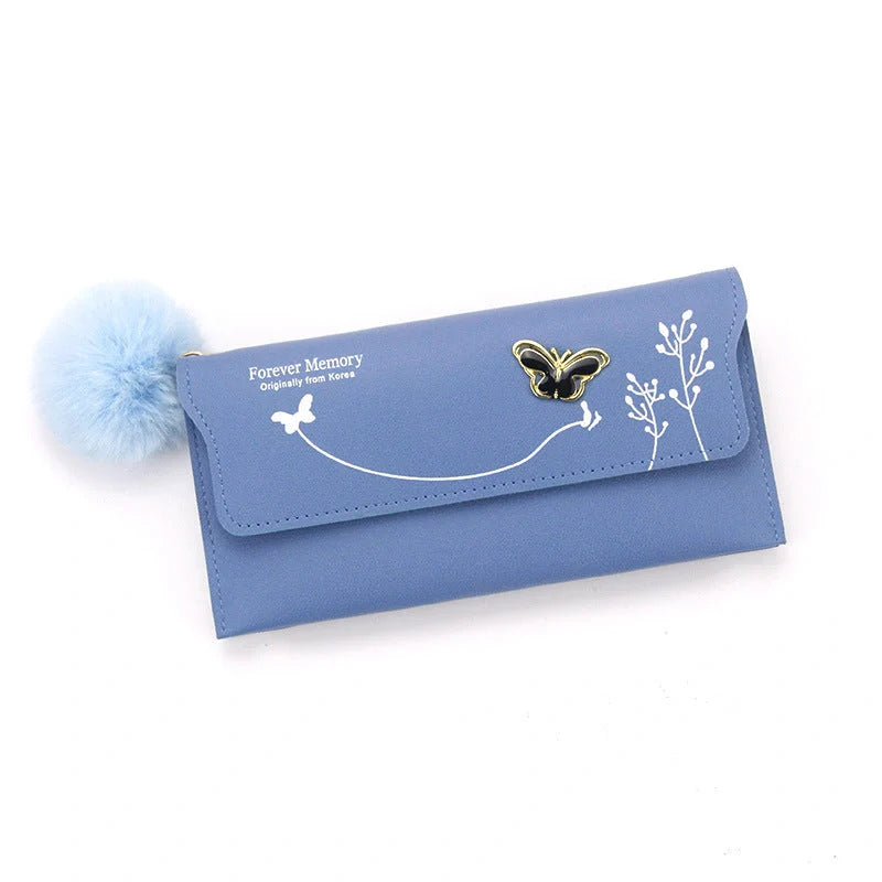 Ladies Long Hair Ball Bow PU Leather Purse in various colors with magnetic buckle