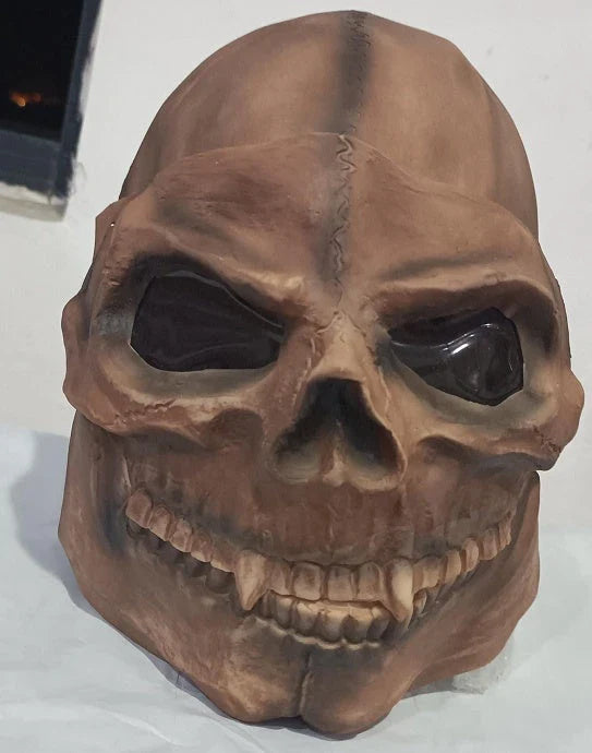 Detailed bronze skull Halloween mask with movable jaw, perfect for spooky Halloween parties and decor