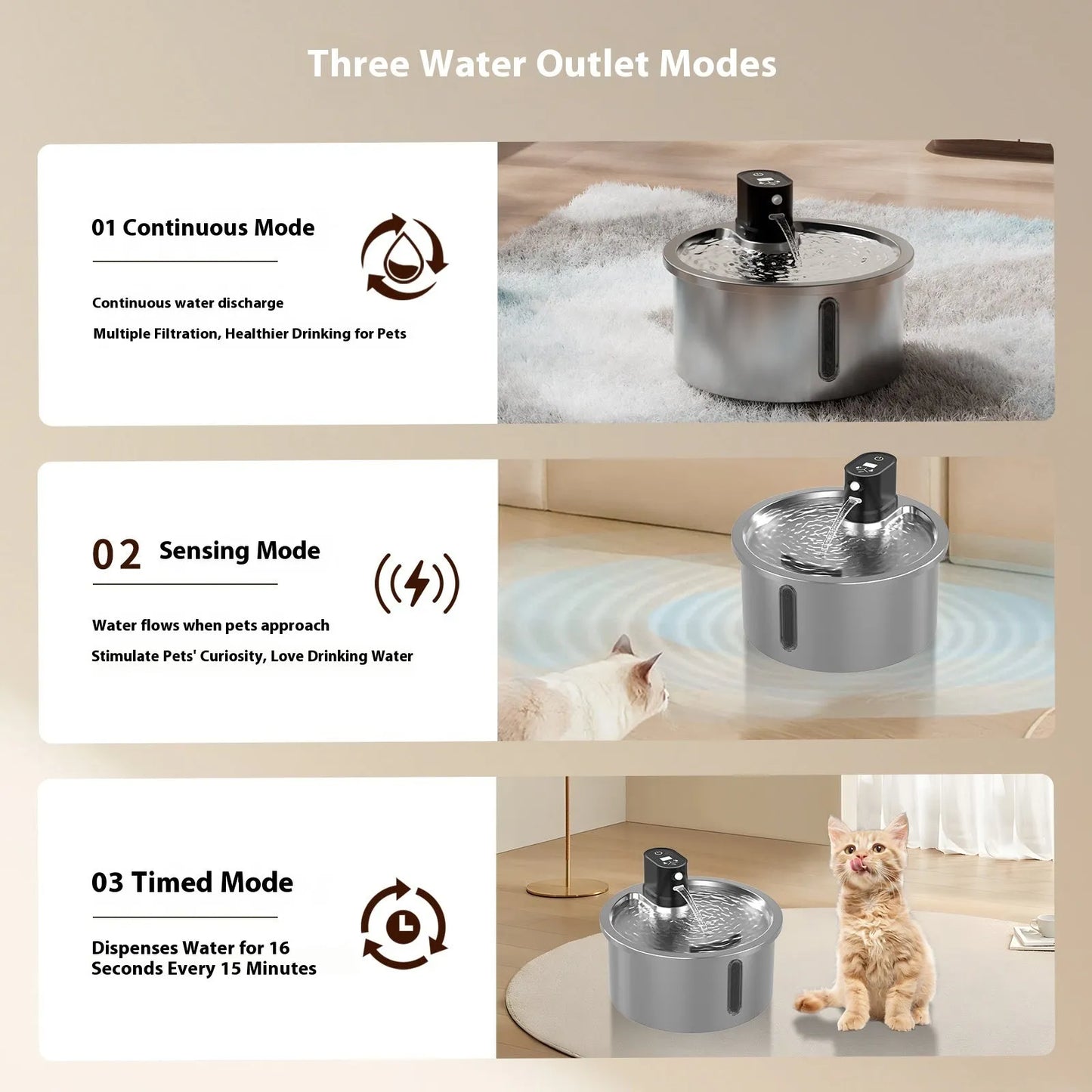 Stainless steel cat water fountain with constant temperature heating base in black or white colour options