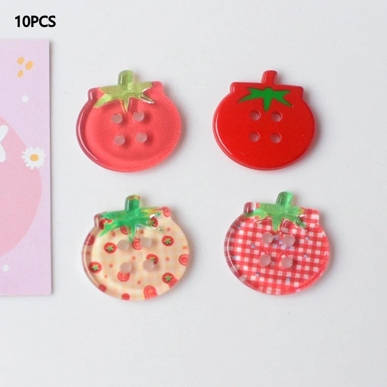 Tomato pattern buttons in five colours including cherry tomato printing and red plaid designs