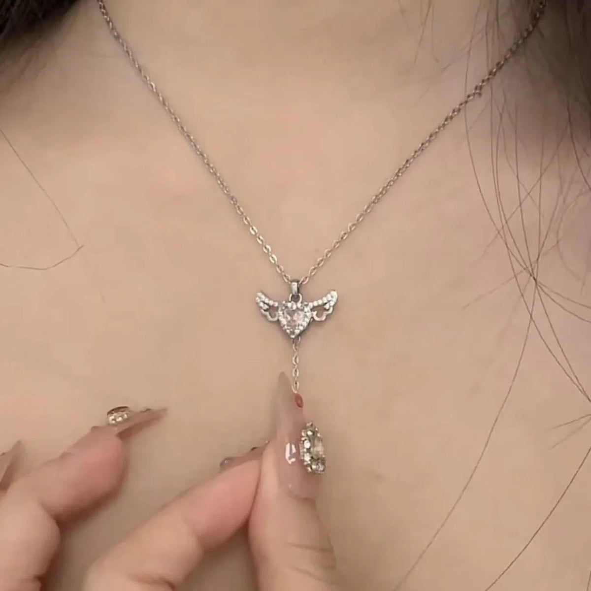 Cupid heart angel wings necklace with titanium steel, zircon crystal and 41-50cm O-shaped chain in silver or gold