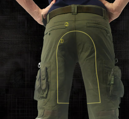 Durable and versatile camo cargo pants with reinforced knees, adjustable waistband, and multiple pockets