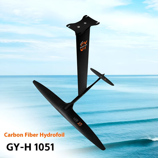 Black carbon fibre and aluminium racing hydrofoil for surfing with large front wing