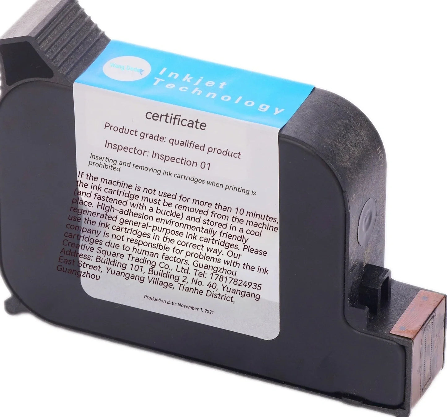 Black handheld code-spraying machine with 4.3-inch touch screen displaying marking interface