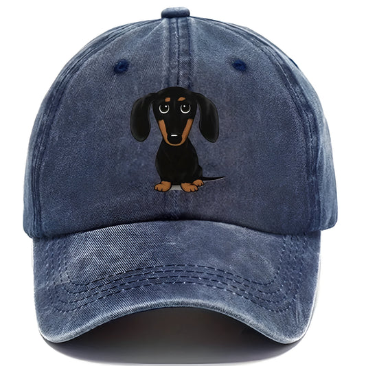 Retro washed cotton baseball cap with Dachshund embroidery, dome crown, and adjustable size tab.
