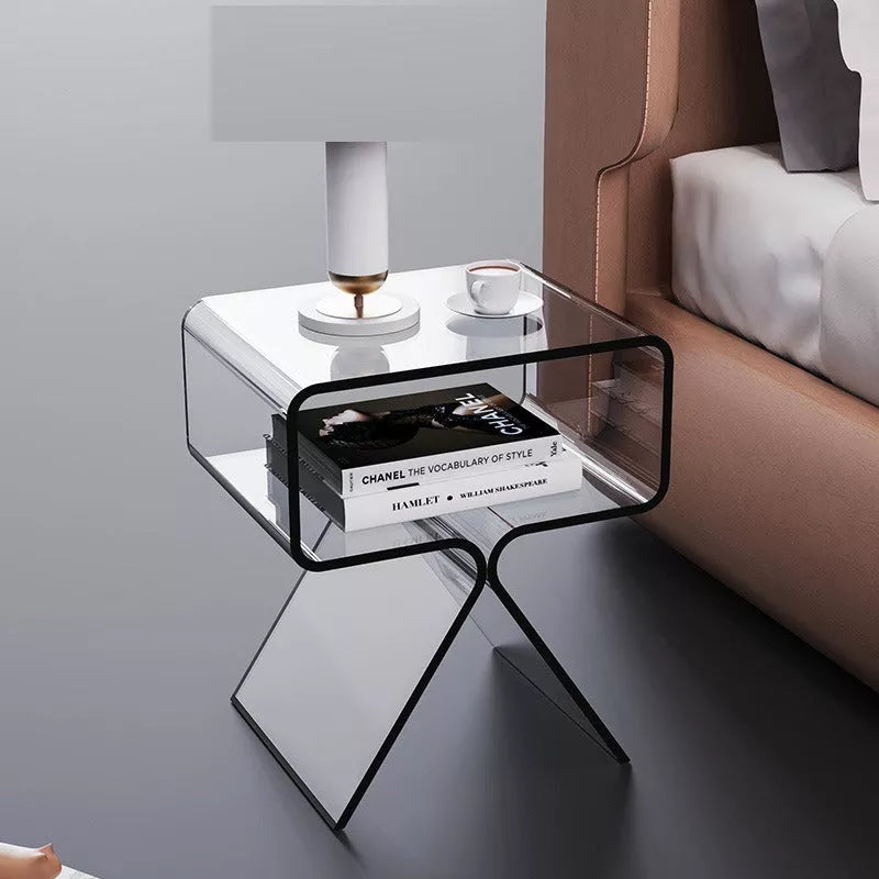 Minimalist transparent acrylic side table in living room setting