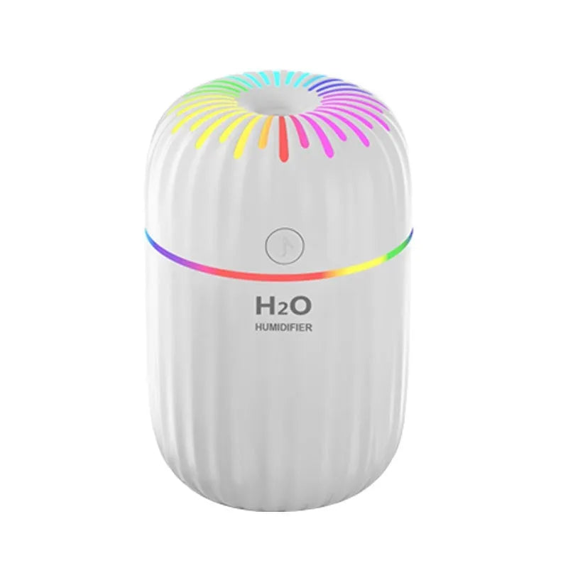 White USB mini humidifier with 300ml tank on desk beside laptop showing compact 75x75x116mm size