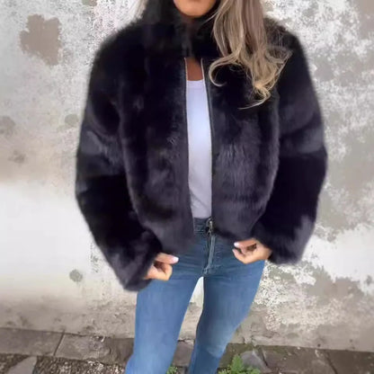 Women's stand collar plush jacket in faux fur with zipper, available in multiple colors