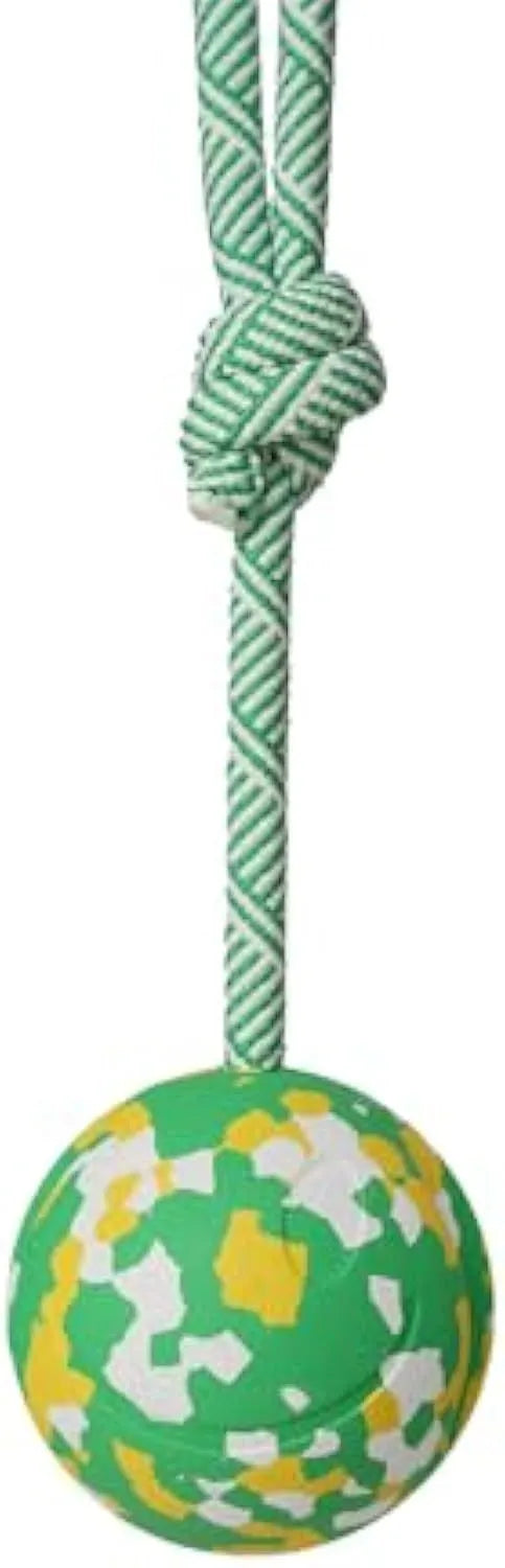 Dog ball on rope toy with solid natural rubber ball and nylon rope for interactive play