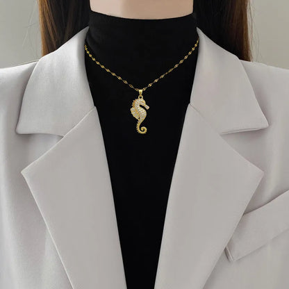 Gold seahorse pendant necklace with copper zircon charm and twisted titanium steel chain, 31-40cm