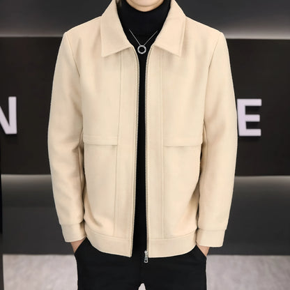 Casual khaki polo collar jacket with side seam pockets on a solid background.