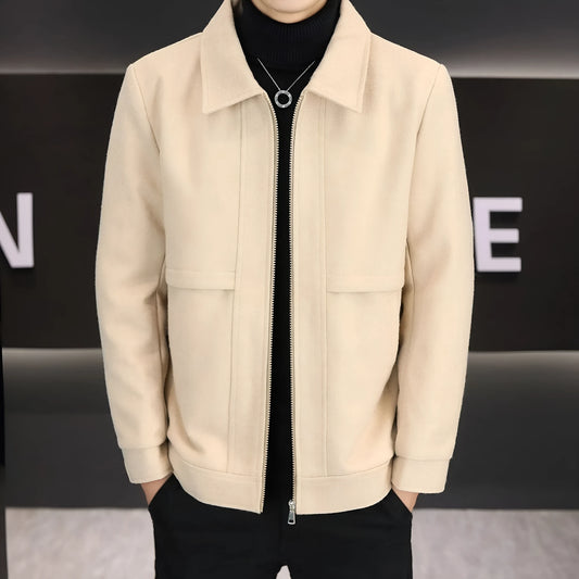 Casual khaki polo collar jacket with side seam pockets on a solid background.