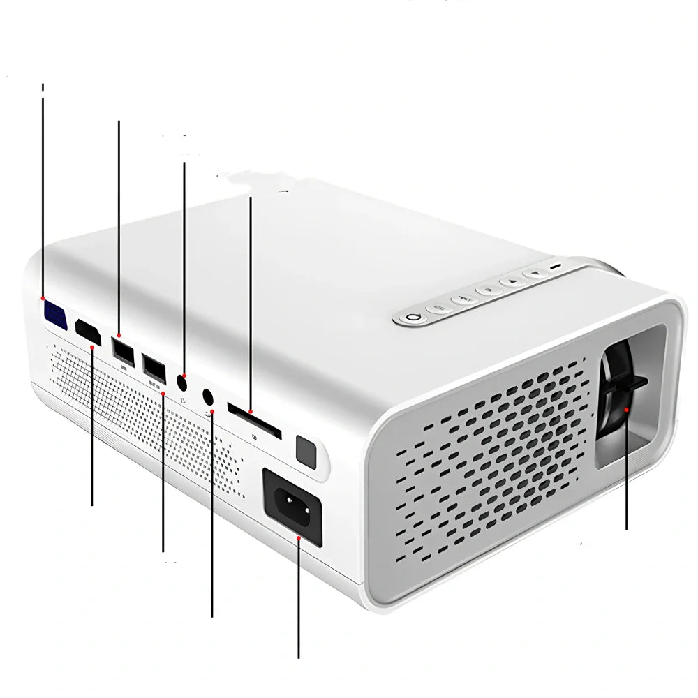 White portable home projector displaying 138-inch image with remote control and connectivity cables