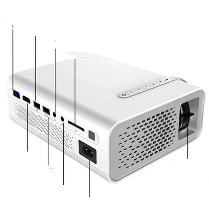 White portable home projector displaying 138-inch image with remote control and connectivity cables