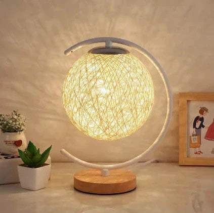 Moon and star design bedside lamp with rattan shade and dimming switch