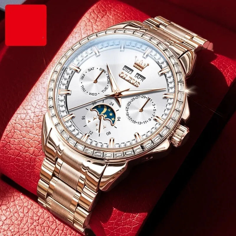 Men's automatic mechanical watch with diamond dial, stainless steel case, and transparent back showing movement