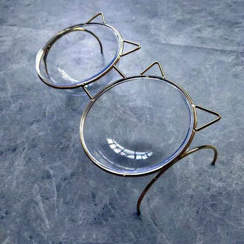 Elegant Glass Cat Bowl with Raised Metal Stand for Pets