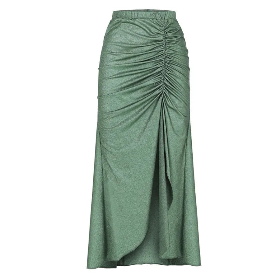 Women's green one-piece swimsuit with round buckle decoration and hollow-out stitching detail on nylon fabric.