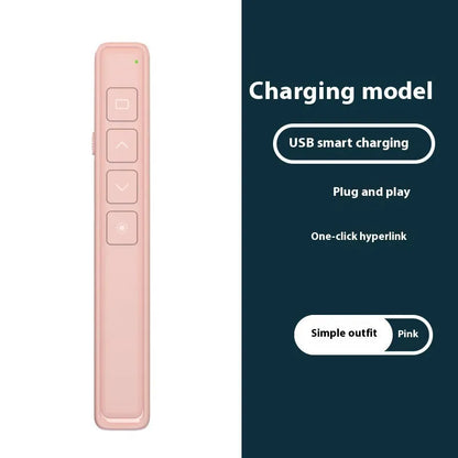 A whiteboard remote control pen for PPT presentations, shown in black, white, and pink colour options.