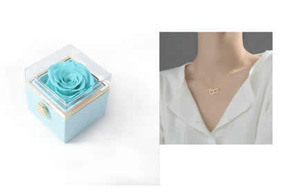 Acrylic rotating rose jewelry box in sapphire blue, 10cm diameter with three-layer storage and carrying bag