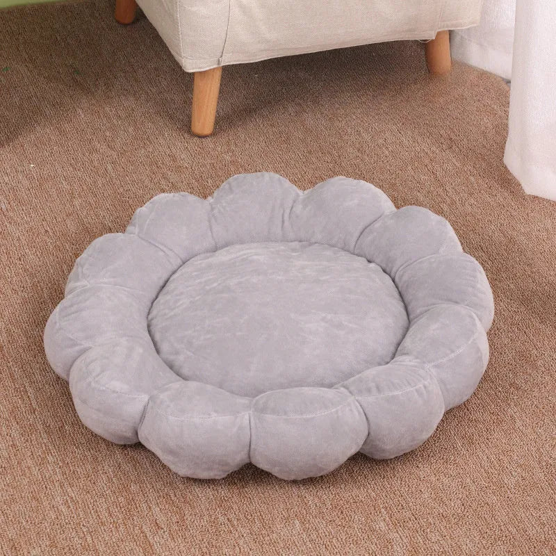 Blue half-surrounded square plush pet bed for dogs and cats on a wooden floor