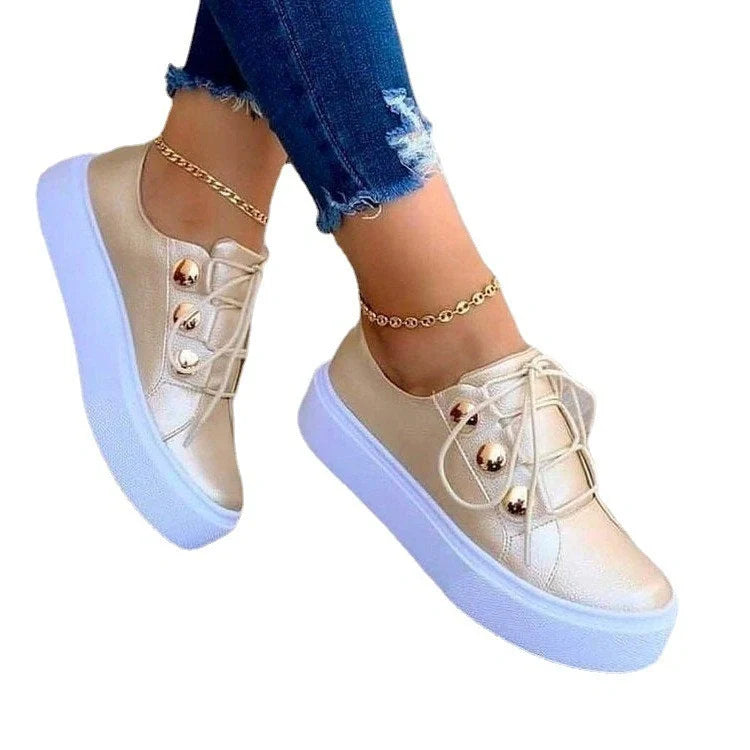 Women's Rivet Lace-up Flats Sneakers in white, black, gold, and rose gold