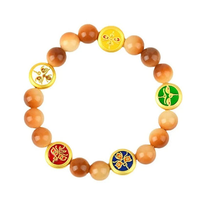 Yellow bodhi seed bracelet with five-direction geometric pattern, adjustable 14-17 inch length