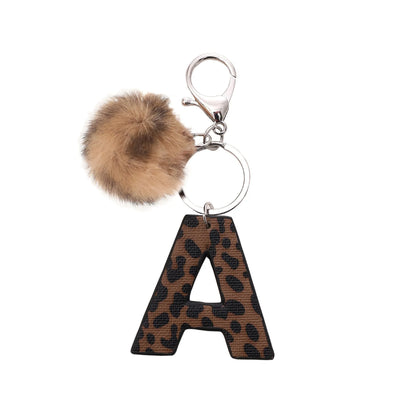 Leopard-print artificial leather keychain with oil-edged acrylic letter and included key ring, retro style