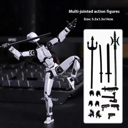 Highly posable 3D printed robot mannequin toy with interchangeable accessories, including wings and weapons