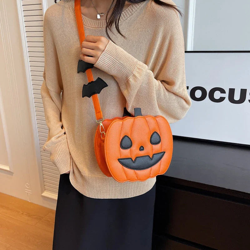 Stylish Halloween crossbody bag with pumpkin cartoon and bat design, available in multiple vibrant colors