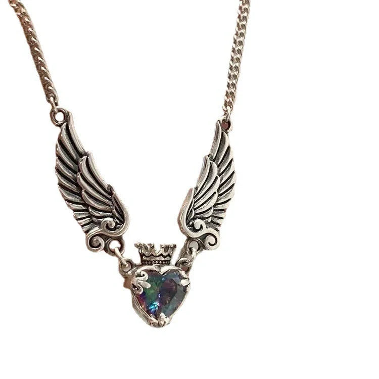 Gothic Heart Crown Angel Wings Pendant Necklace for women featuring a unique design with crystal inlays.