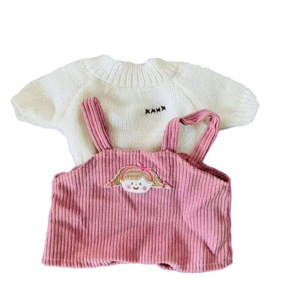 30cm doll clothing collection showing multiple outfit pieces including hooded jackets, sweaters, and suspender pants