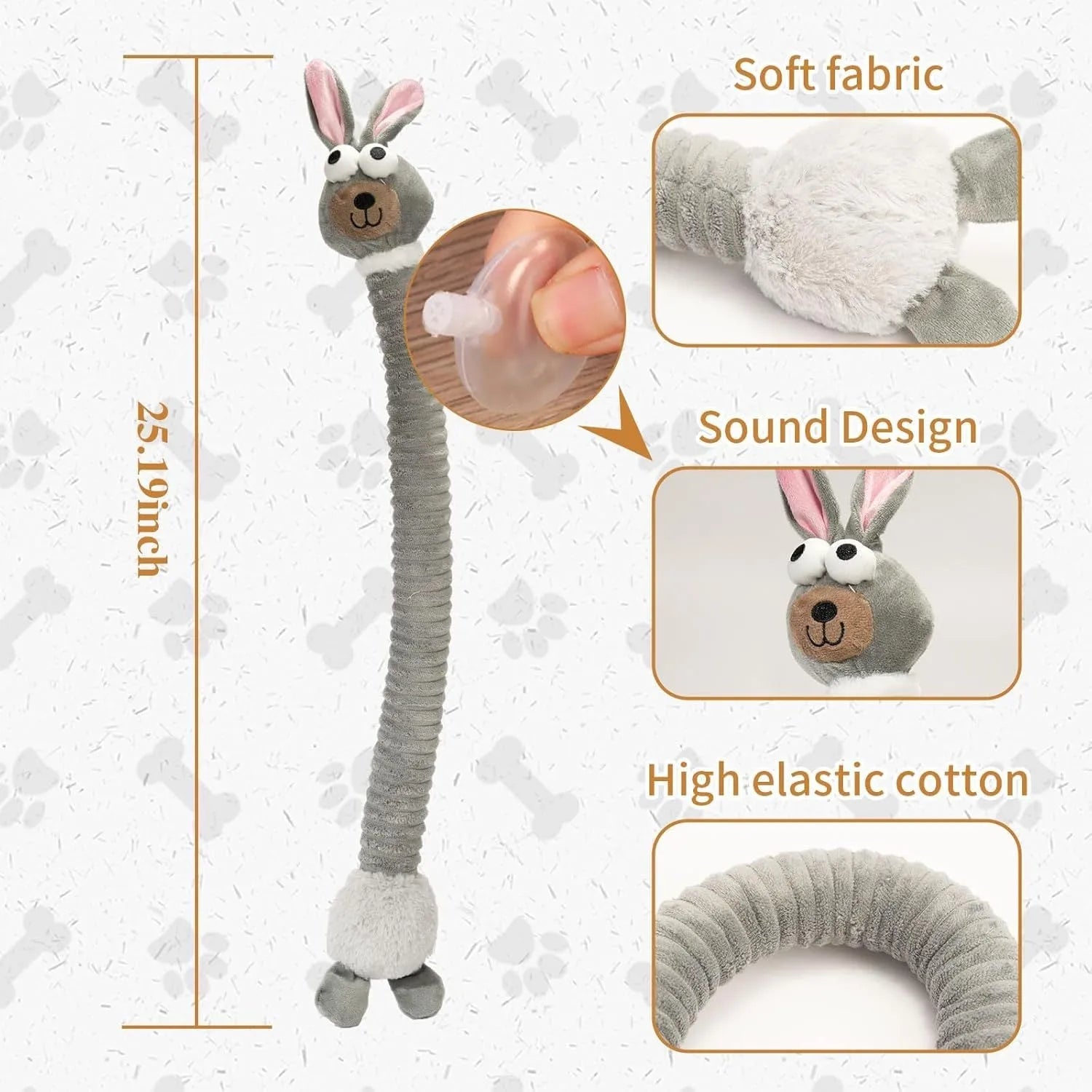 Assorted plush squeaky dog toys with crinkle texture in brown, grey, and yellow colours showing foldable design
