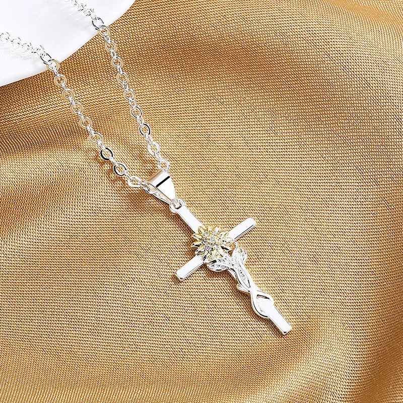 Gold and silver sunflower cross pendant necklace for women, made from durable copper
