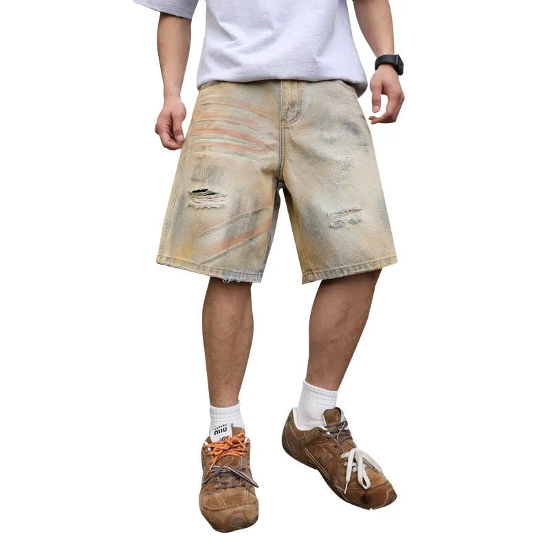 Men's light blue ripped denim shorts with straight-leg style and mid-waist design